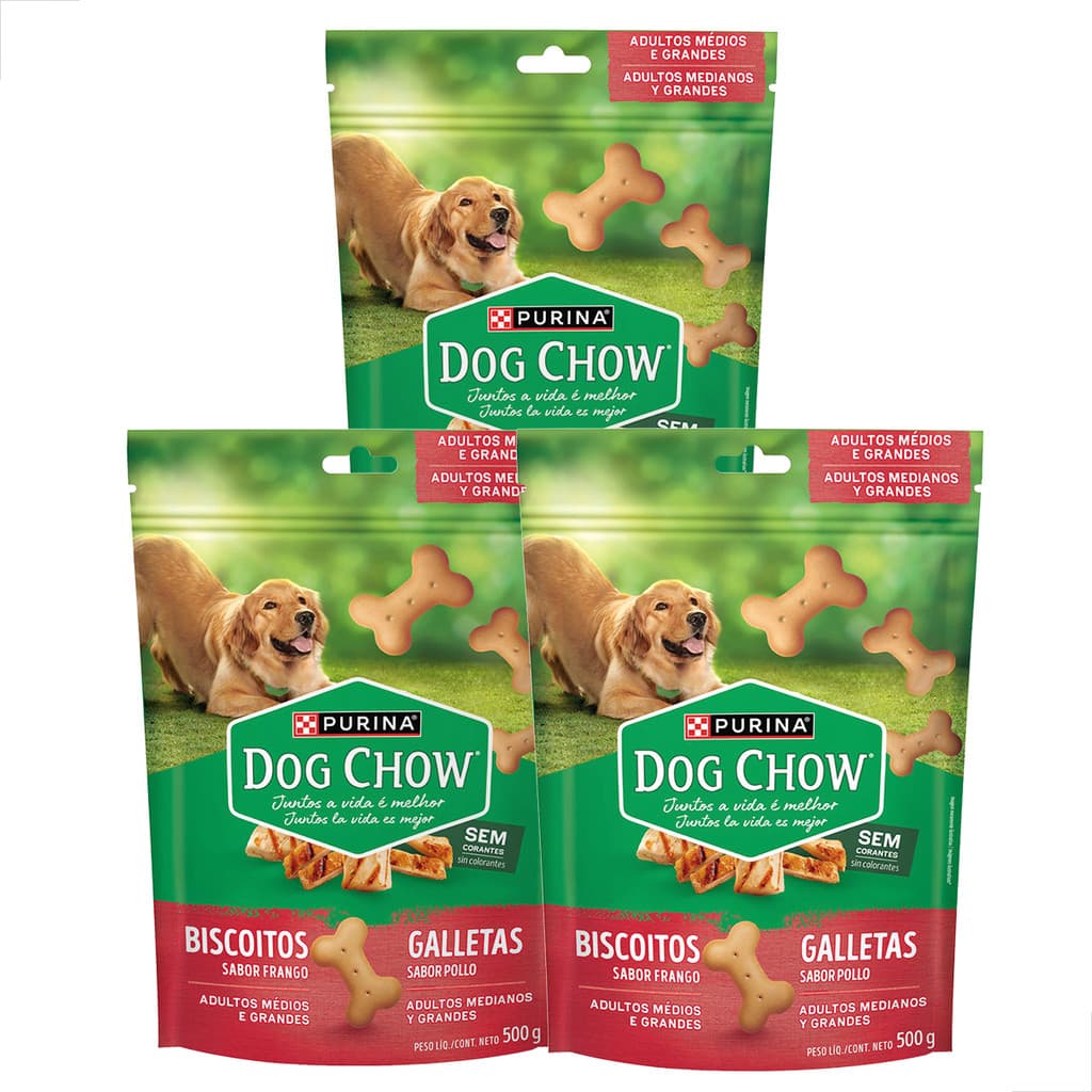 Kit 3 Biscoito Purina Dog Chow Extra Life Cães Adultos Frango 300g Snack Saudável Ômega 6 Dentes Limpos