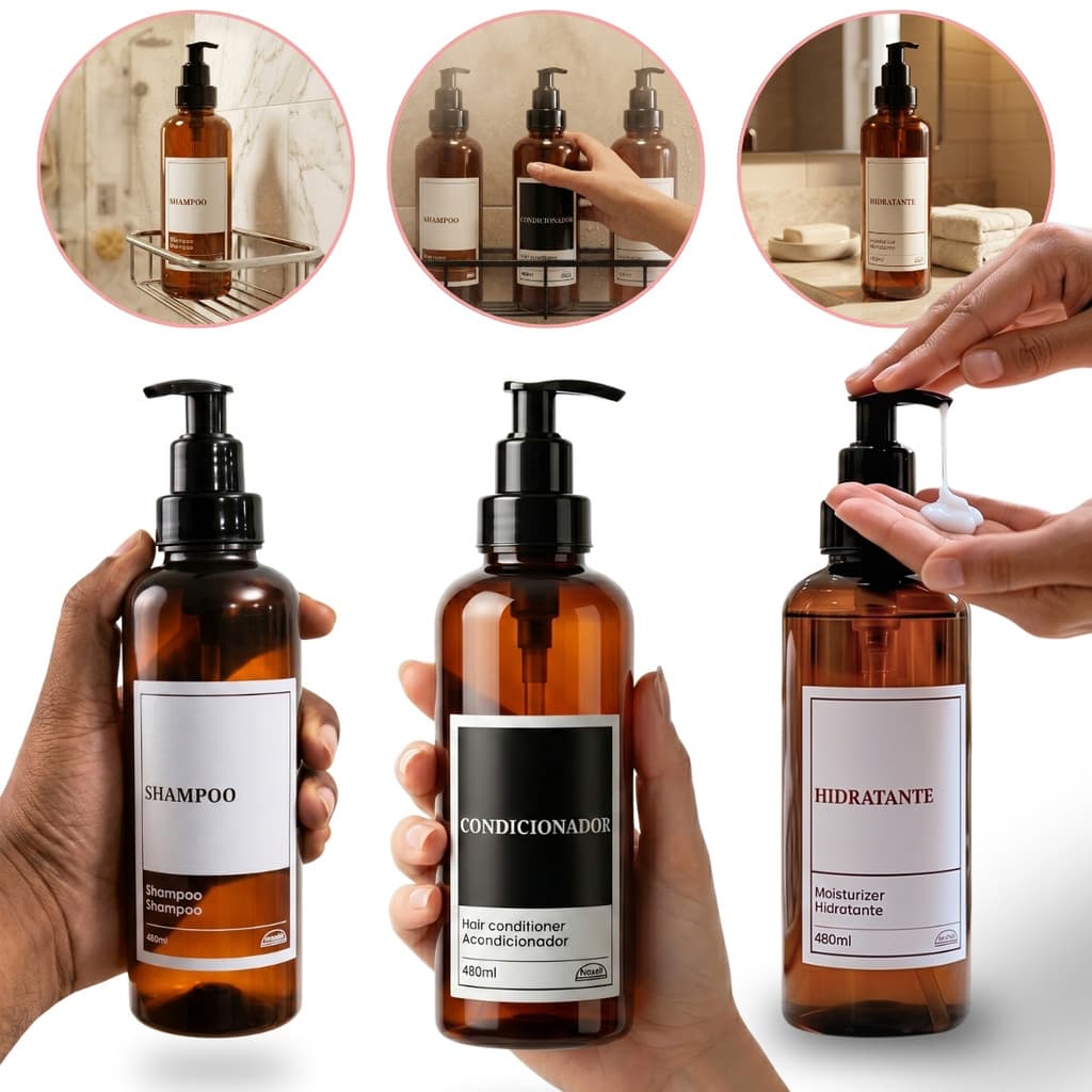 Frascos Dispenser Pump Âmbar 480ml Banheiro Porta Shampoo Condicionador Hidratante Creme Cosméticos