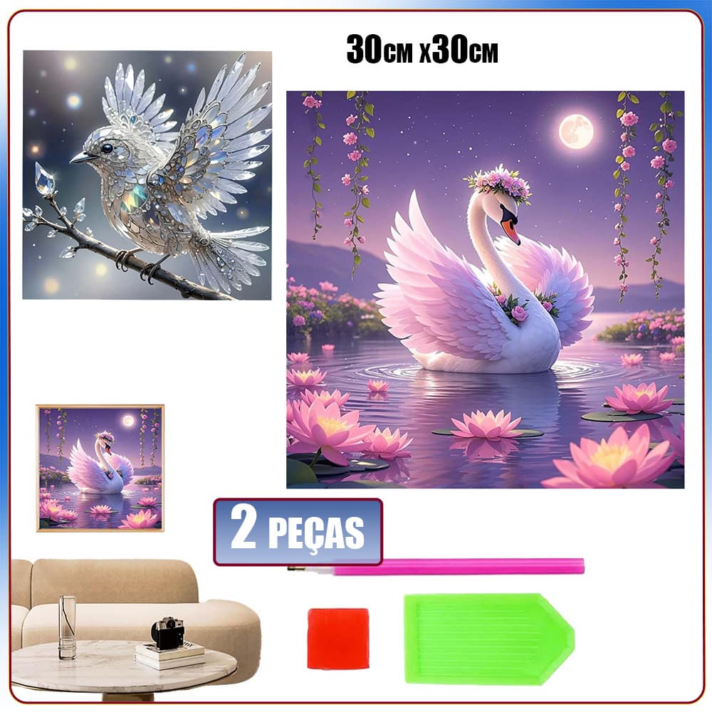 2x quadrado diamante arte pintura 30x30cm 5D ponto pintura diamante pena de cristal espírito pardal + cisne pintura à mã