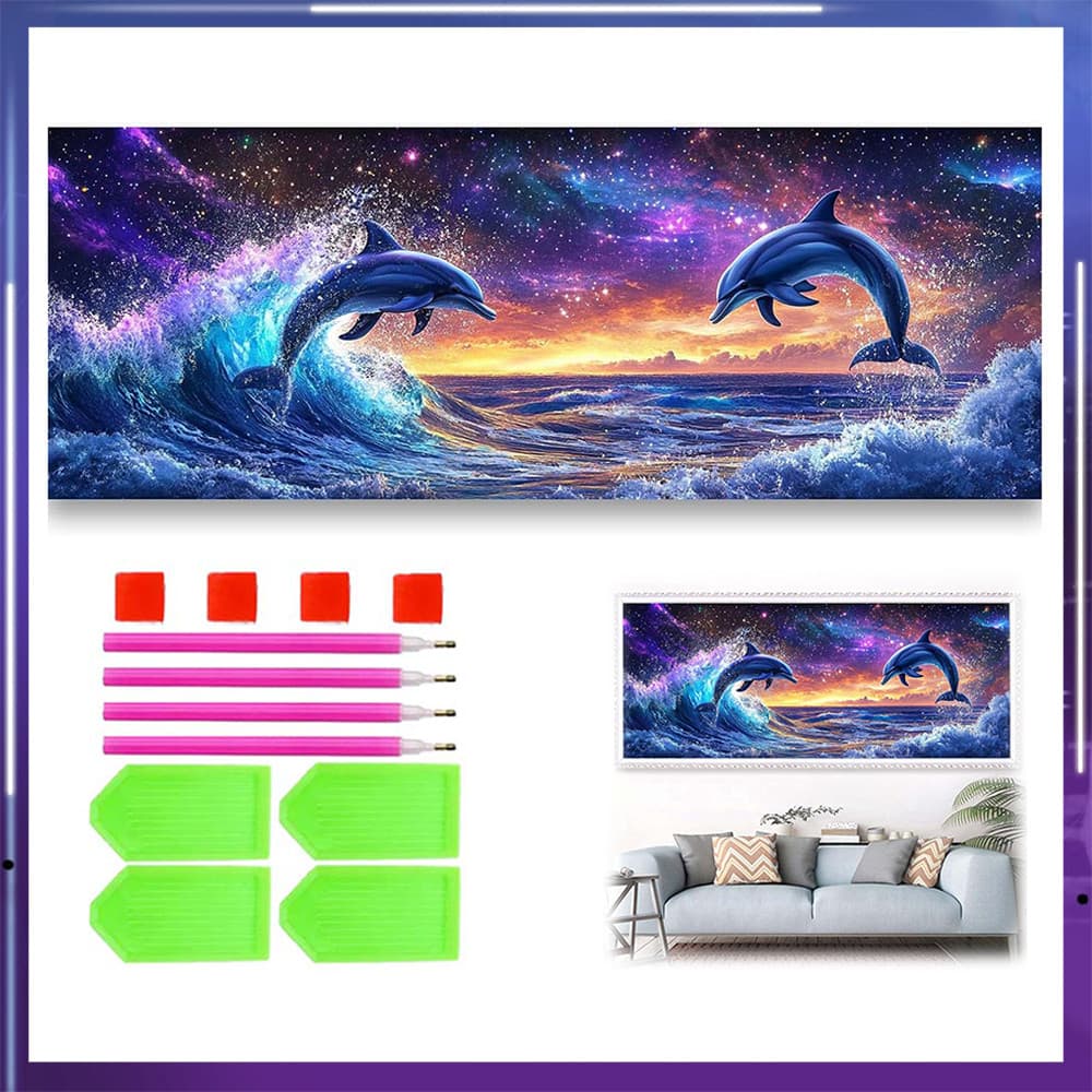 Pintura de Diamante 5D Tema Golfinho Saltando Estrela 120x40cm – Perfeito para Decoração de Parede, Presente Criativo