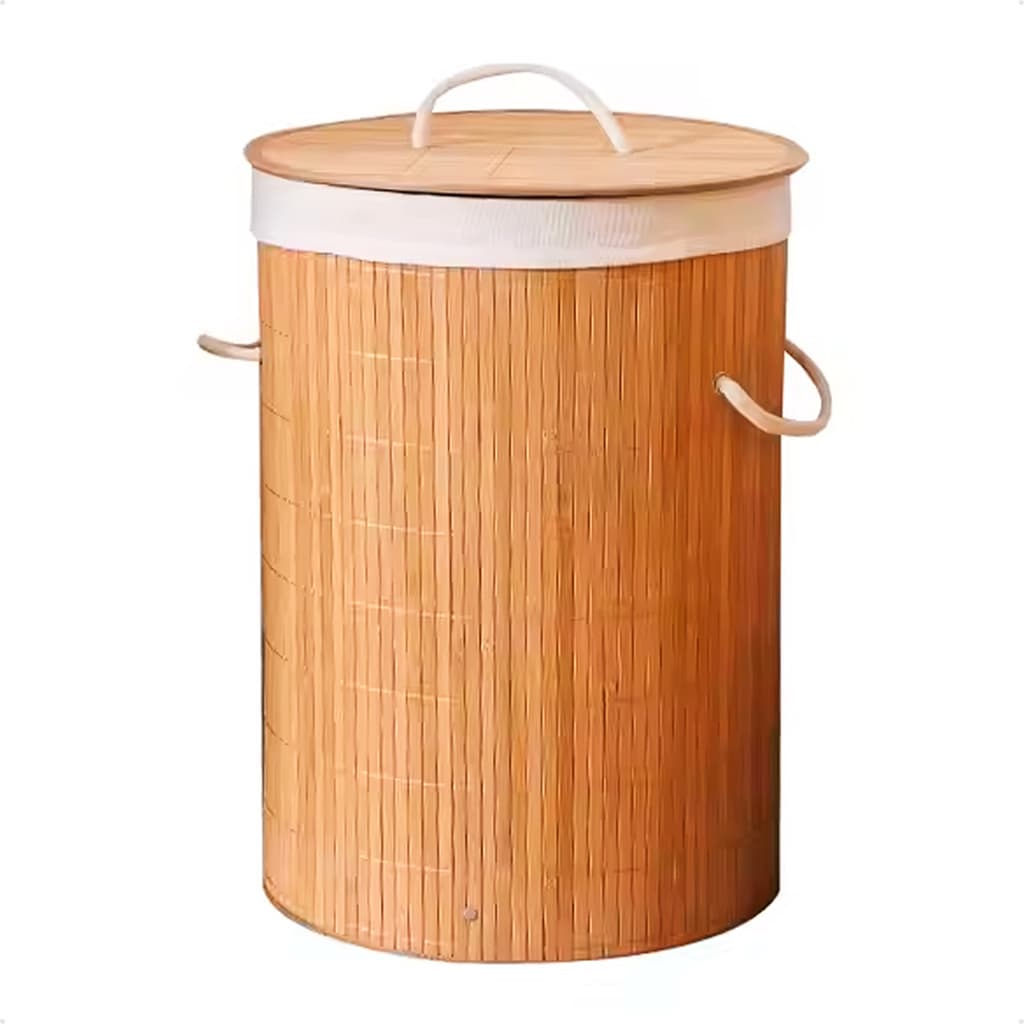Cesto Roupa Redondo Bambu 60lt Banheiro Moderno Com Forro