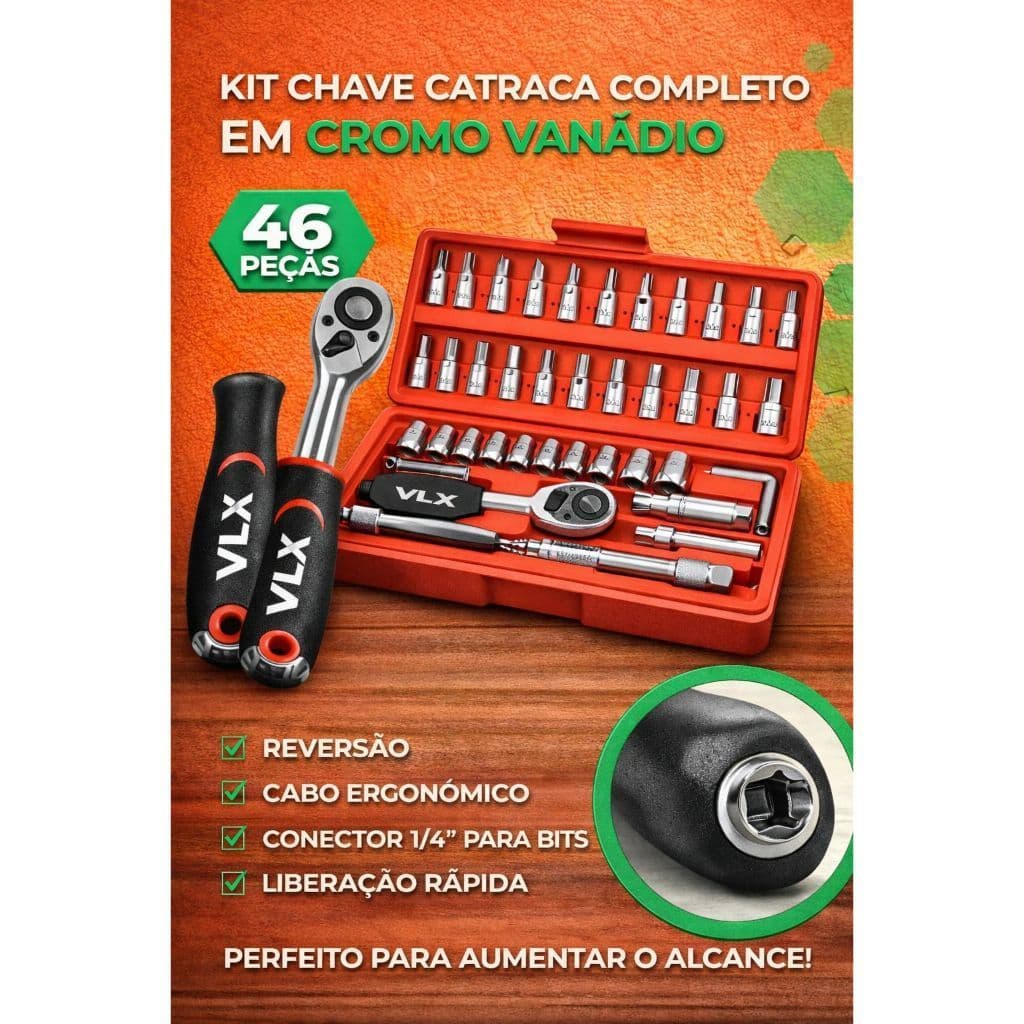 Kit Jogo De Chave Catraca Soquete 46 Peças Ferramenta Completa Com Maleta