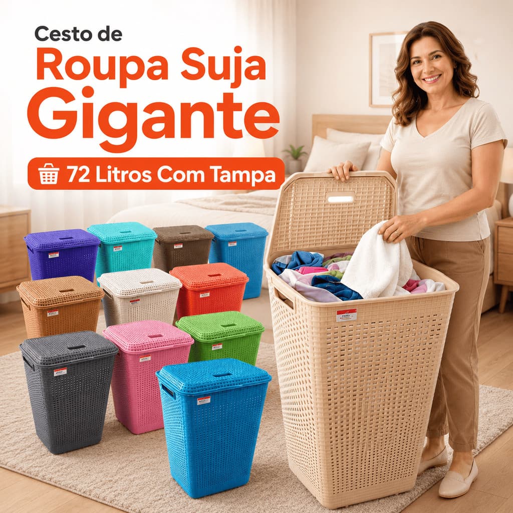Cesto Roupa Suja 72L Grande Tampa Organizador Lavanderia Banheiro Roupeiro Plástico Família Premium