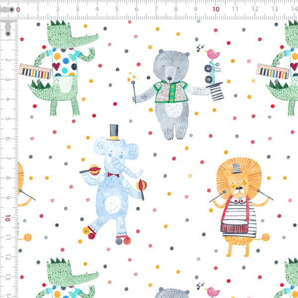 Tecido Tricoline Digital Aquarela Animais Musicais Pano Patchwork Costura Ateliê Artesanato DIY