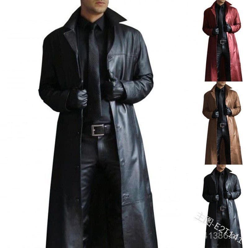 Casaco Longo de Couro Slim Fit Estilo Trench Coat de Cor Sólida para Homens