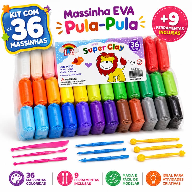 12 a 36 Massinha Argila Pula Pula de E.V.A Super Leve + 3 Ferramentas Brinde Brinquedos Educativos