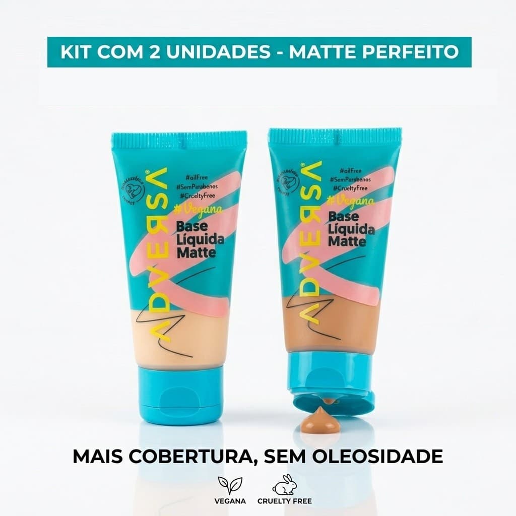 Kit 2 Bases Líquidas Matte Oil Free Adversa Vegana 25g | Textura Leve, Cobertura Ajustável e Efeito Natural