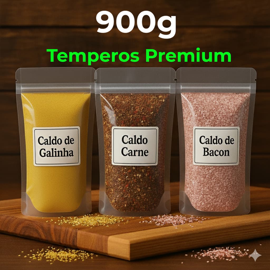 Kit Caldo 900g em Pó 3 Sabores - Galinha, Carne e Bacon (3x 300g)
