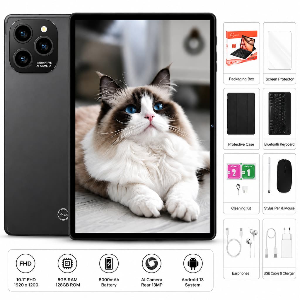 Tablet 10.1 Polegadas Android 13 6GB RAM 128GB com Teclado Mouse e Câmera HD