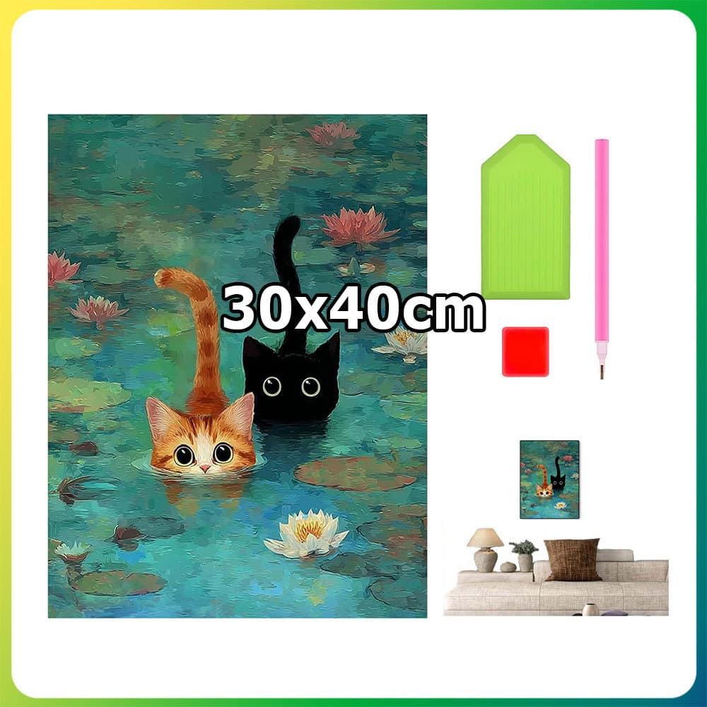 40x30cm Lotus Piscina Gato Quadrado Pintura Diamante DIY Pintura Artesanal 5D Diamante Dot Pintura Decoração de Casa
