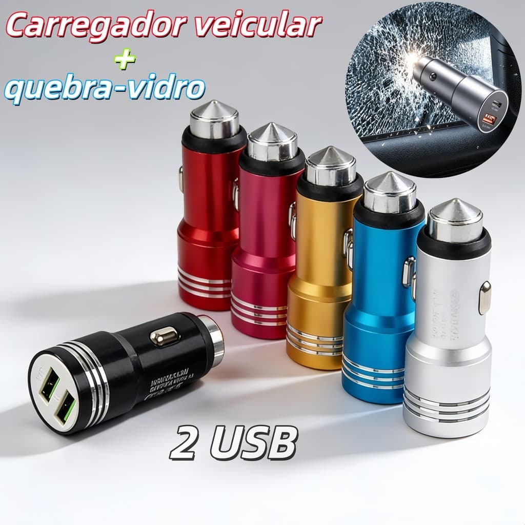 Carregador veicular para celular com duas entradas USB e martelo quebra-vidro na ponta