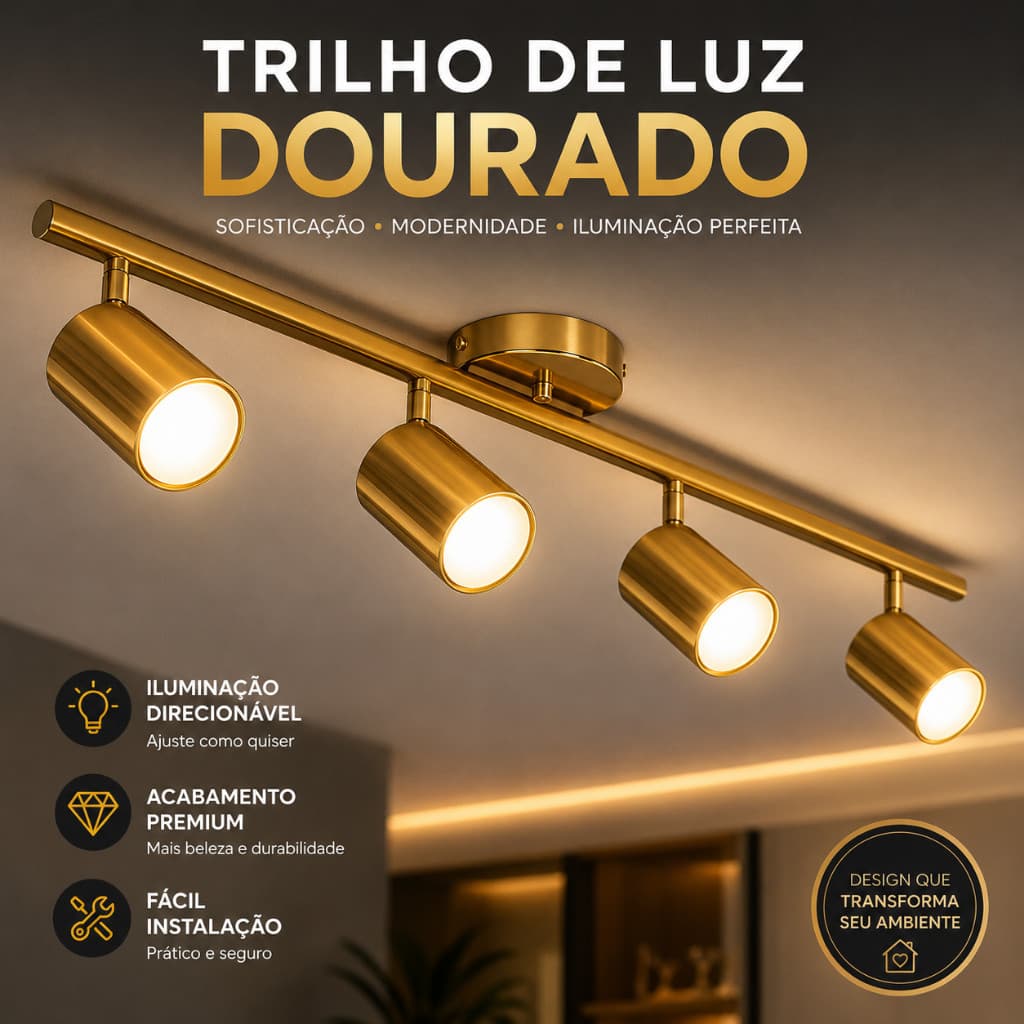 Spot Trilho 4 Lâmpadas Sobrepor Direcionável MR16 Dourado Luminária De Teto Para Sala Cozinha Quarto Moderna