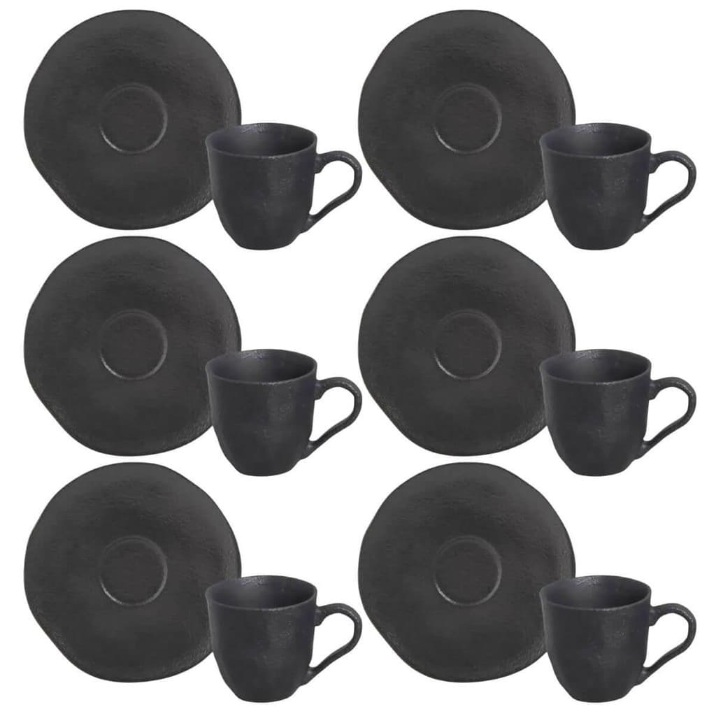Jogo 6 Xícaras Café 120ml Com Pires Preto Matte Cerâmica Orgânico Porto Brasil