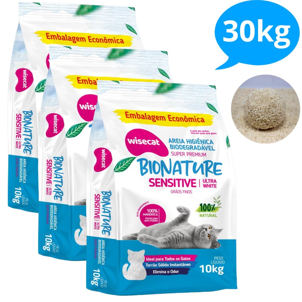 Kit 3 Areia Sanitária De Mandioca Grãos Finos Para Gatos Biodegradável Wisecat 10kg