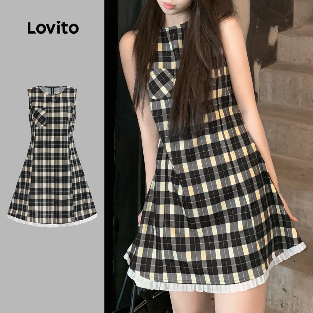 Lovito Vestido Casual Feminino Xadrez Com Bolso E Bloco De Cores Vestido De Verão/primavera L133AD632