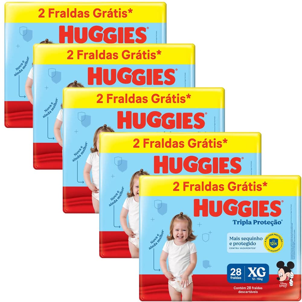 Kit 5 Fraldas Huggies Tripla Proteção Meguinha XG - 140 Tiras
