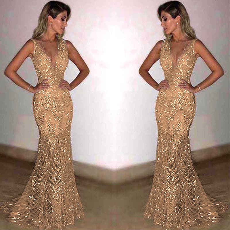 Novo produto 2025 reunião vestido de noite feminino longo sem mangas feminino profundo V lantejoulas vestido feminino ka