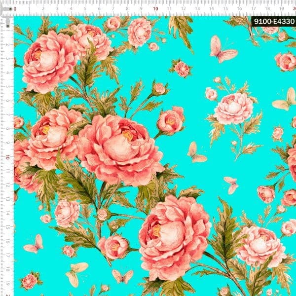 Tecido Tricoline Digital Rosas e Borboletas Vintage Tifanny Pano Patchwork Costura Ateliê Artesanato