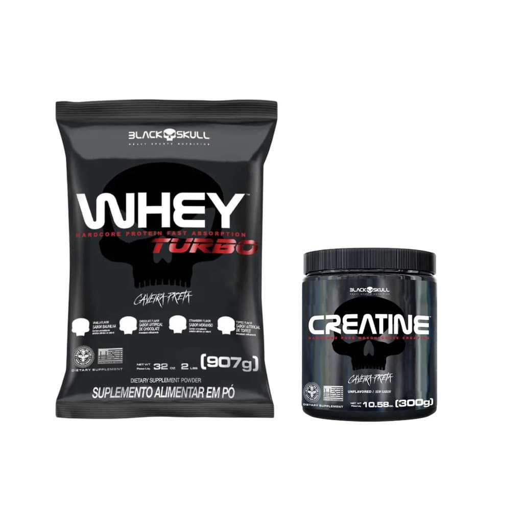 Kit Whey Protein Turbo Chocolate 907g + Creatina Turbo 300g - Black Skull