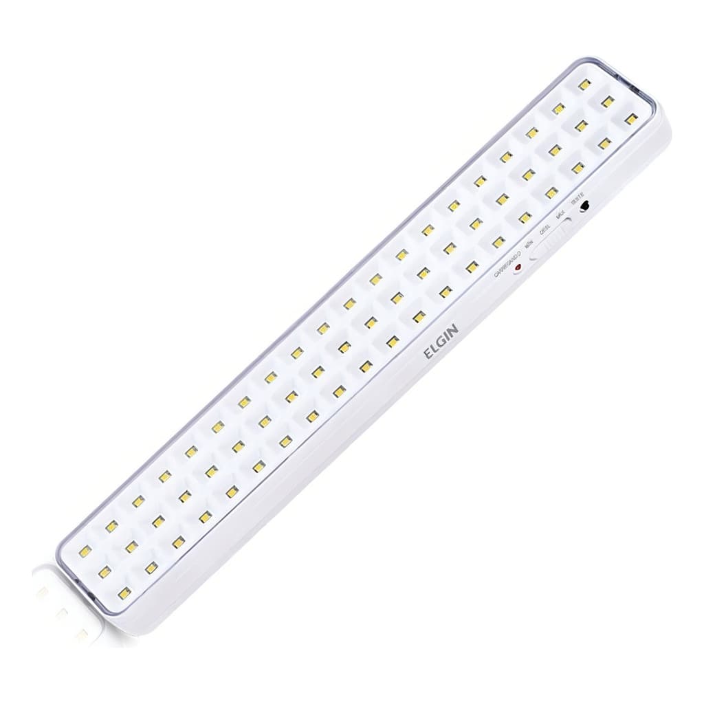 Luminaria Emergencia 60 LEDs Elgin 4W Bivolt Branco Frio 6500K Bateria Litio Luz Emergencia LED Alta Duracao Casa Comerc