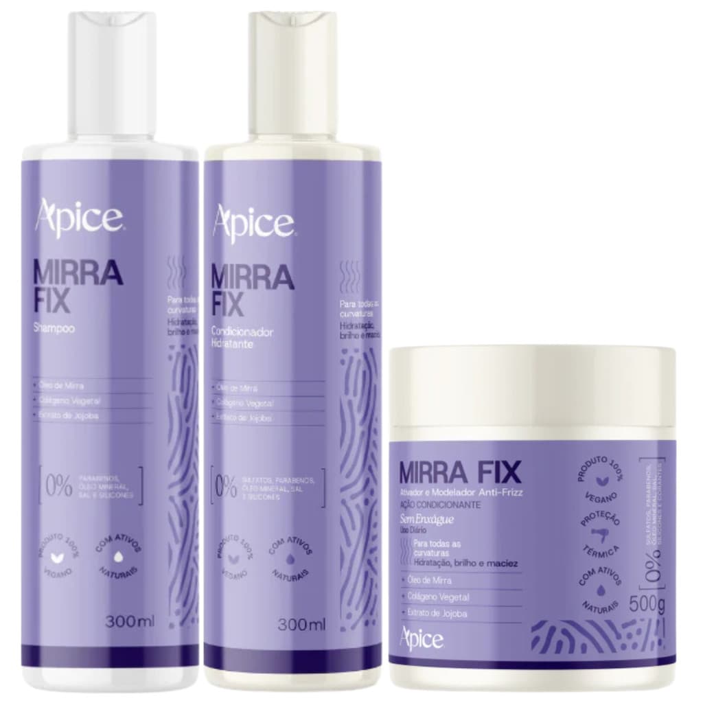 Kit Mirrafix Apice Shampoo + Condicionador + Ativador Acidificante Hidratante Capilar Vegano Apse 500g