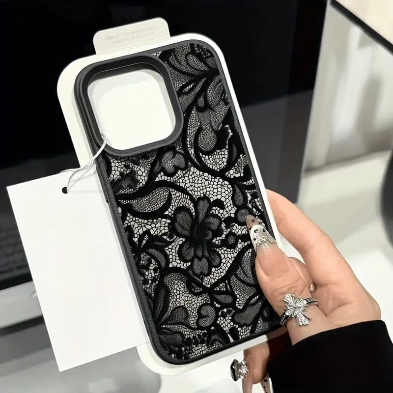 Capa De Telefone Com Padrão De Flores De Renda Preta Para iPhone 17 AIR 16e 15 14 13 12 11 Pro Max Plus XR XS Lichia