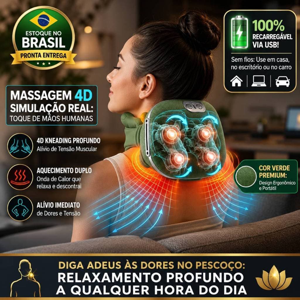 Massageador De Pescoço E Ombro Eletrico 4D Aquecimento Duplo Recarregavel Alivio Tensao Muscular Dor Portatil