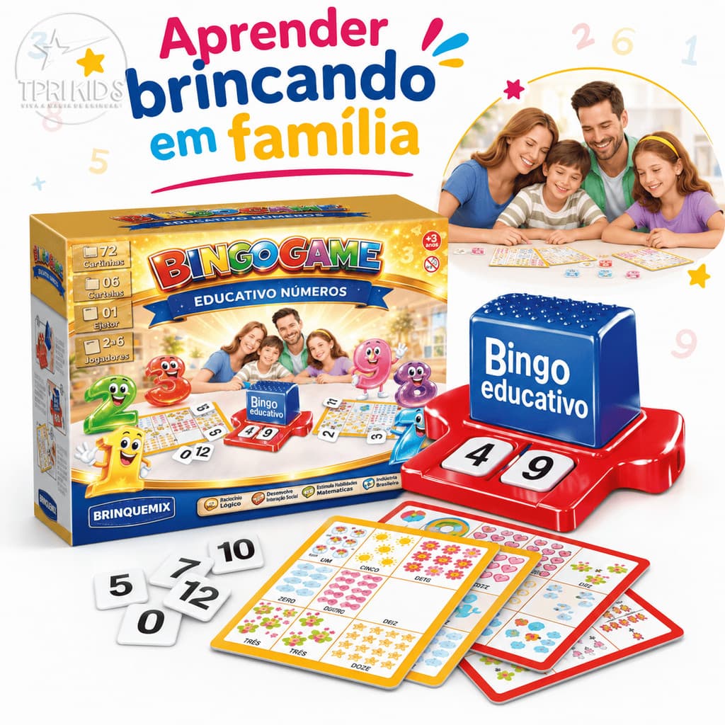Jogo Bingo Infantil Educativo Números Ejetor Família Pedagógico Brinquedo Completo com Cartela