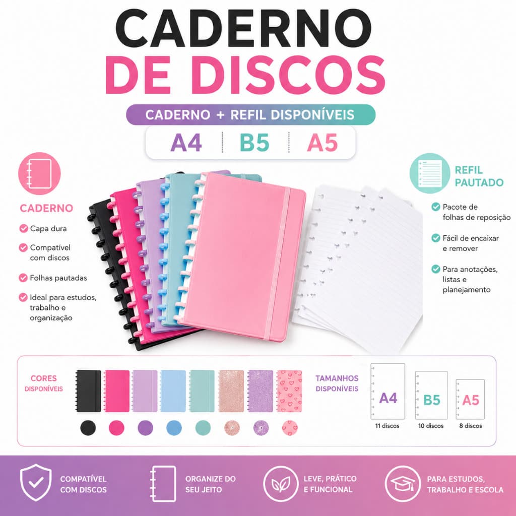 Caderno de Discos A4 A5 B5 + Refil 80 Folhas Capa Dura Planner Escolar