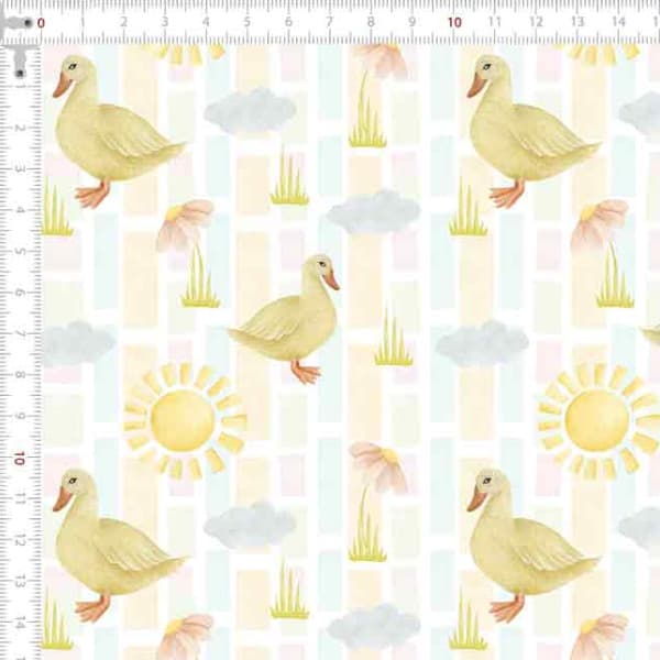 Tecido Tricoline Estampado Harmonia dos Patinhos Animal Trama Selvagem Bicho Patchwork Corte Retalho