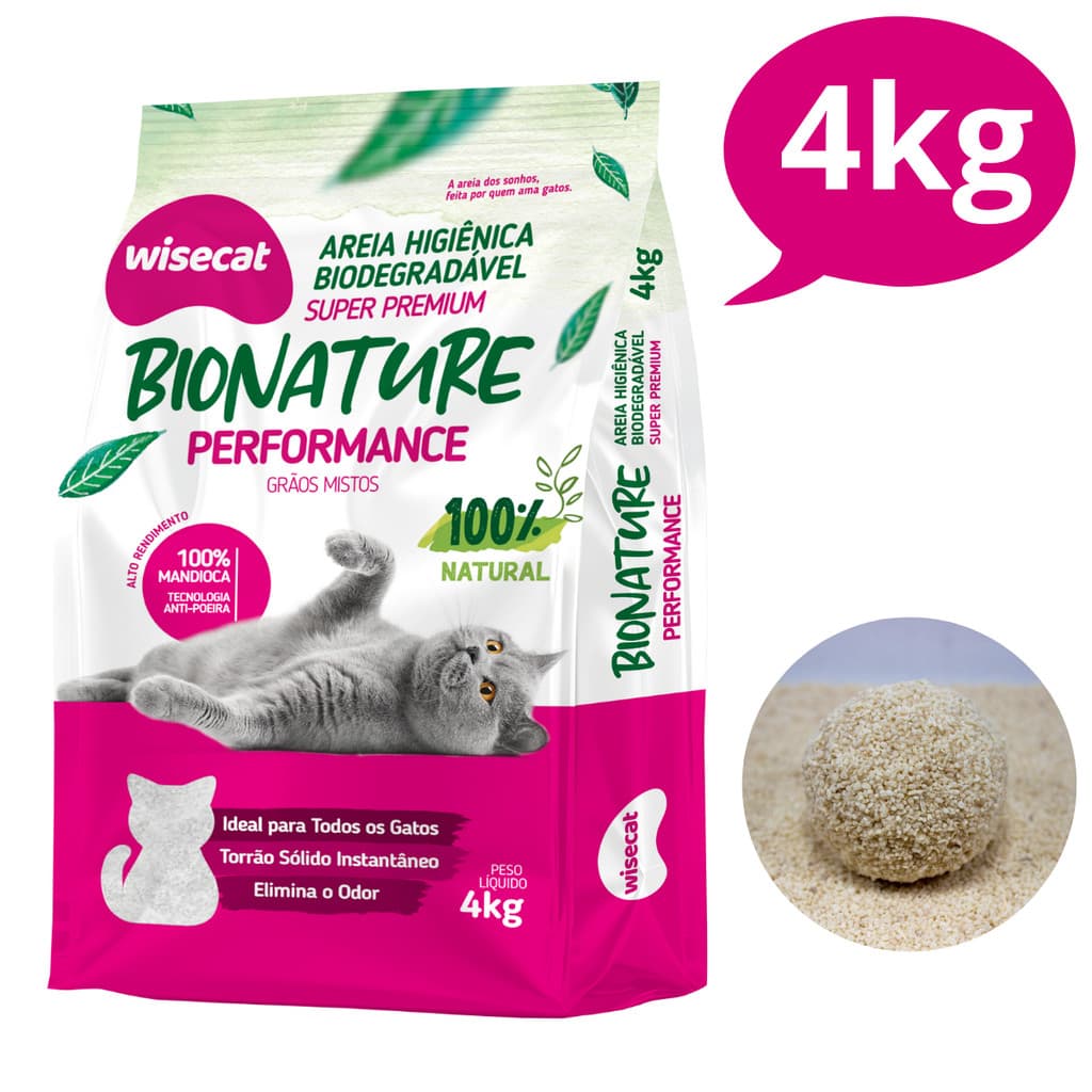 Areia Sanitária Higiênica para Gatos Natural Vegetal Mandioca Performance Grãos Mistos Wisecat 4KG