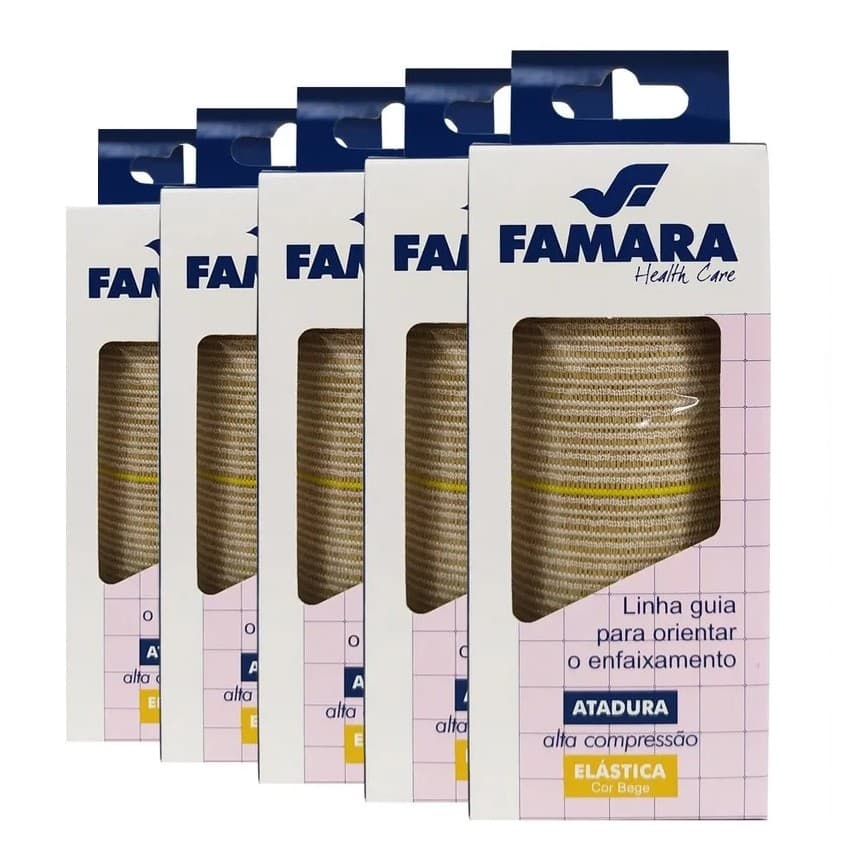 Kit 5 un Atadura Elástica 10cm x 1,30m Bege Alta Compressão Famara