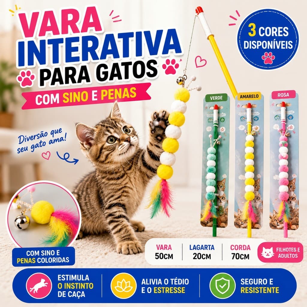 Brinquedo Interativo Para Gato Vara com Lagarta Sino e Penas
