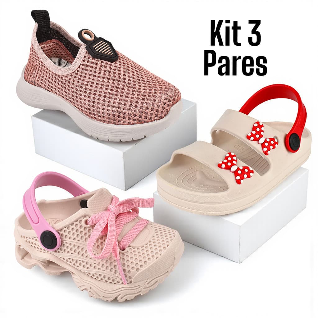 Kit 3 Pares Tênis Infantil Menina Confortável e Sandália Macia Confortável Dia das Crianças