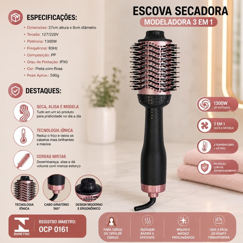 Escova Secadora De Cabelo Profissional Bivolt 1300W Modeladora Alisadora Secagem Rápida