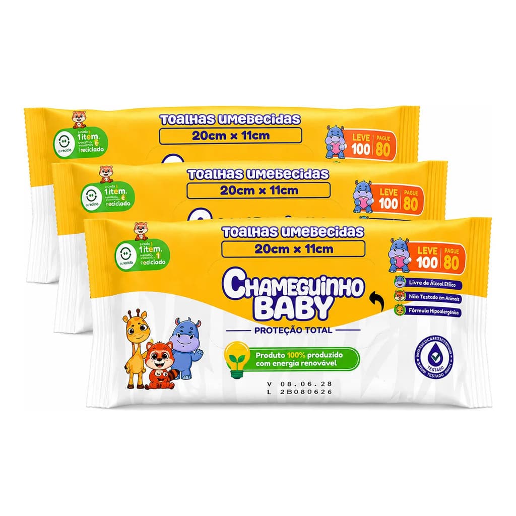 Kit 3 Lenços Umedecidos Bebê Chameguinho Baby 300un
