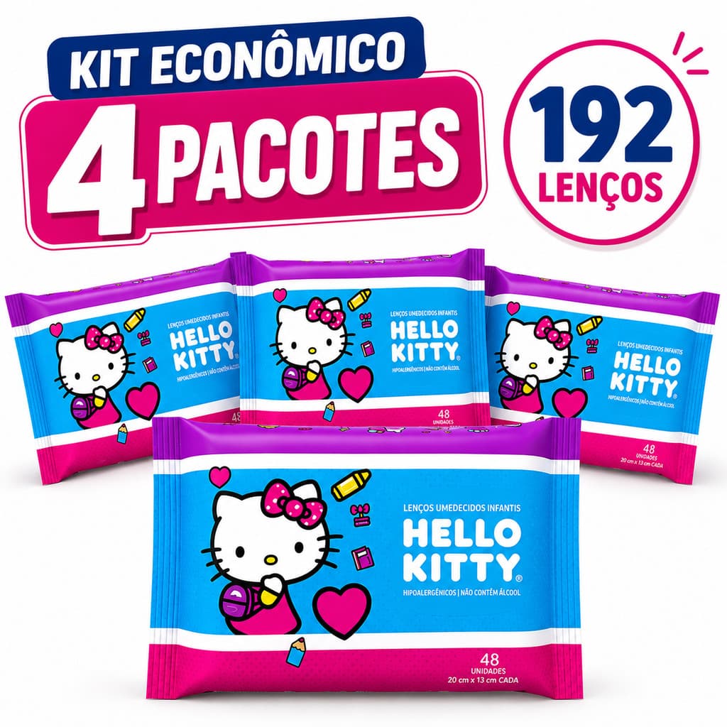 Kit 4 Lenços Umedecidos De Bolsa Hello Kitty Pele Sensivel Lencinho Bebe e Adulto