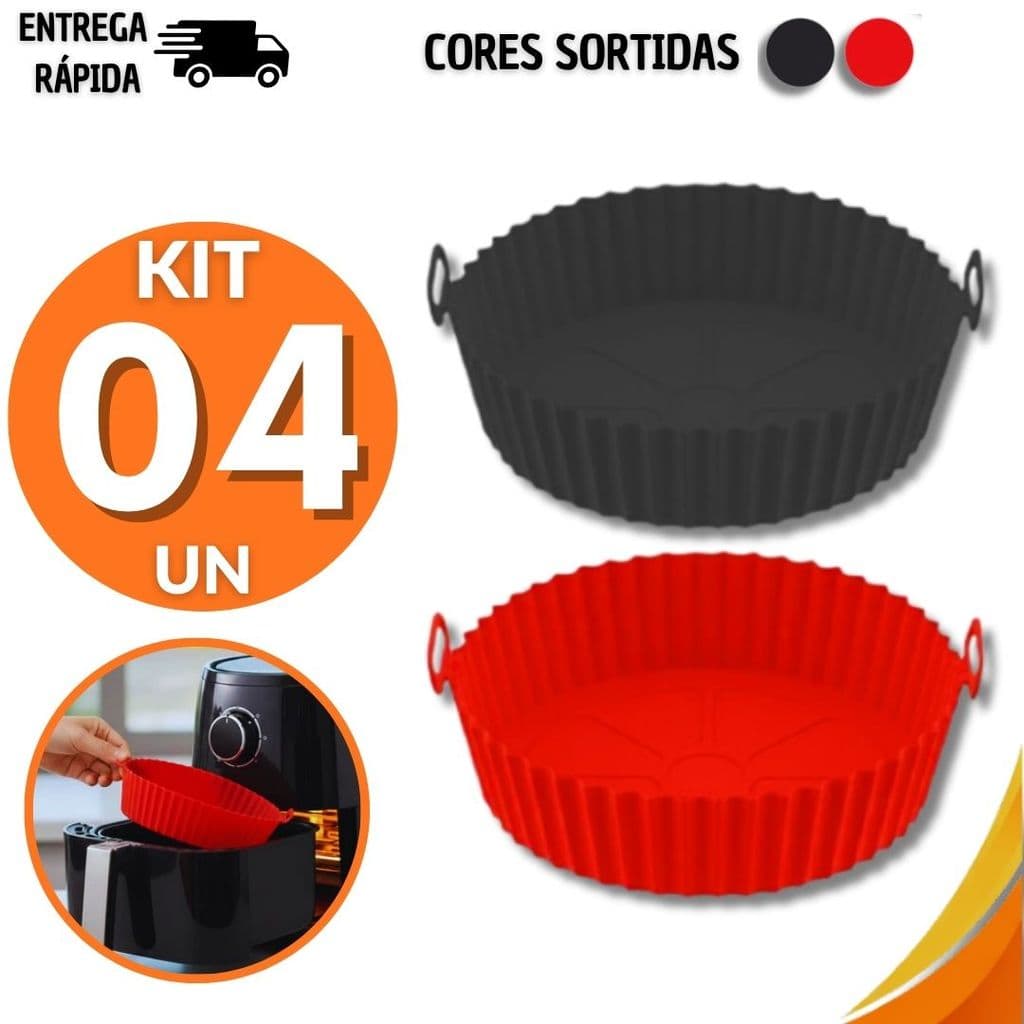 Kit 4 Utensílios Forma Redonda Cesto Silicone Air Fryer Sem Óleo Fritadeira Elétrica com Alça Multiuso Não Gruda Cozinha