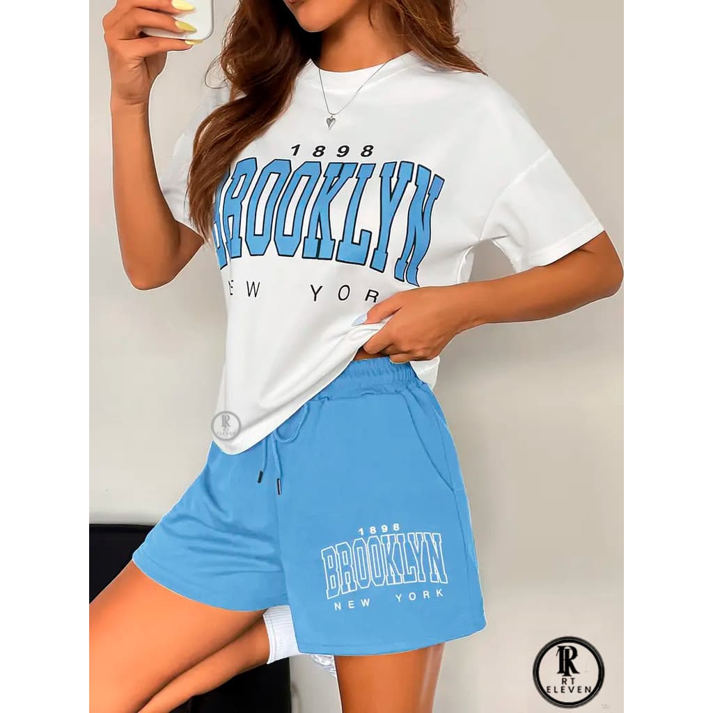 kit conjunto "FEMININO " Brooklyn-New york  short moletom + blusinha 100% algodão feminina camiseta e shorts p academia