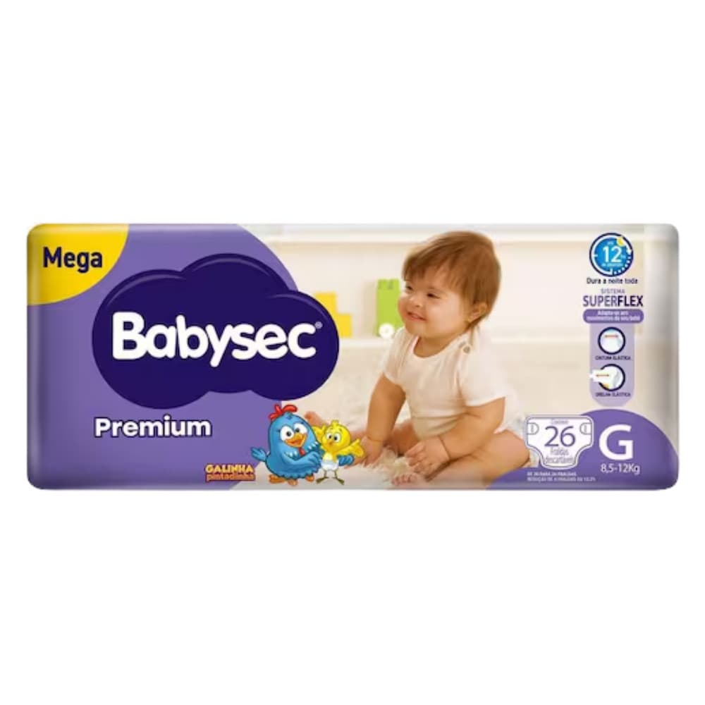 Fralda BabySec Premium Galinha Pintadinha Mega G c/26un – Até 12h de Absorção