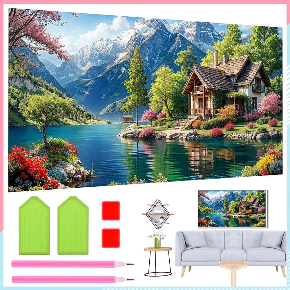40 x 70cm, Conjunto de pintura diamante 5D para adultas Casinha à beira do lago Pintura artística com diamante quadrados