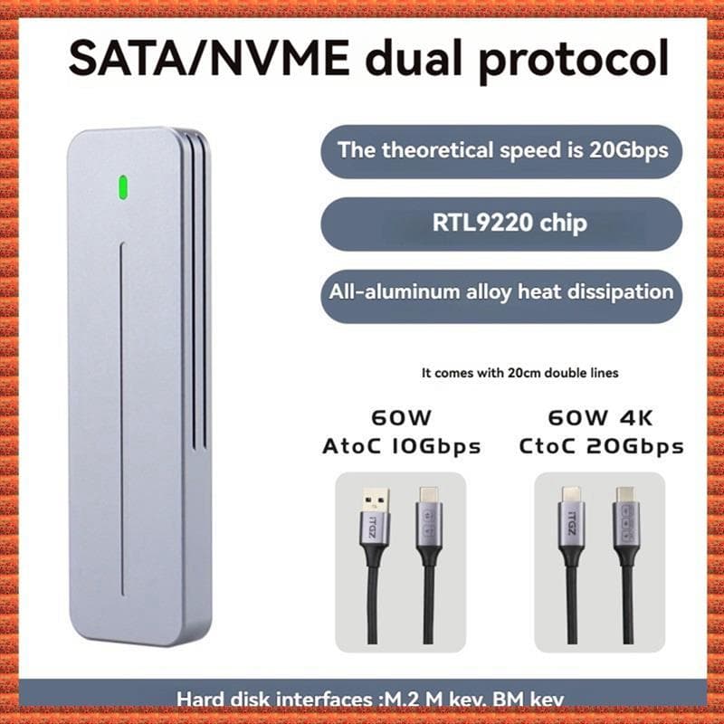 (Zac) Caixa SSD M . 2 De 20 Gbps NVMe/SATA Protocolo Duplo Gabinete Externo Chip RTL9220 Para 2230/2242/2260/2280