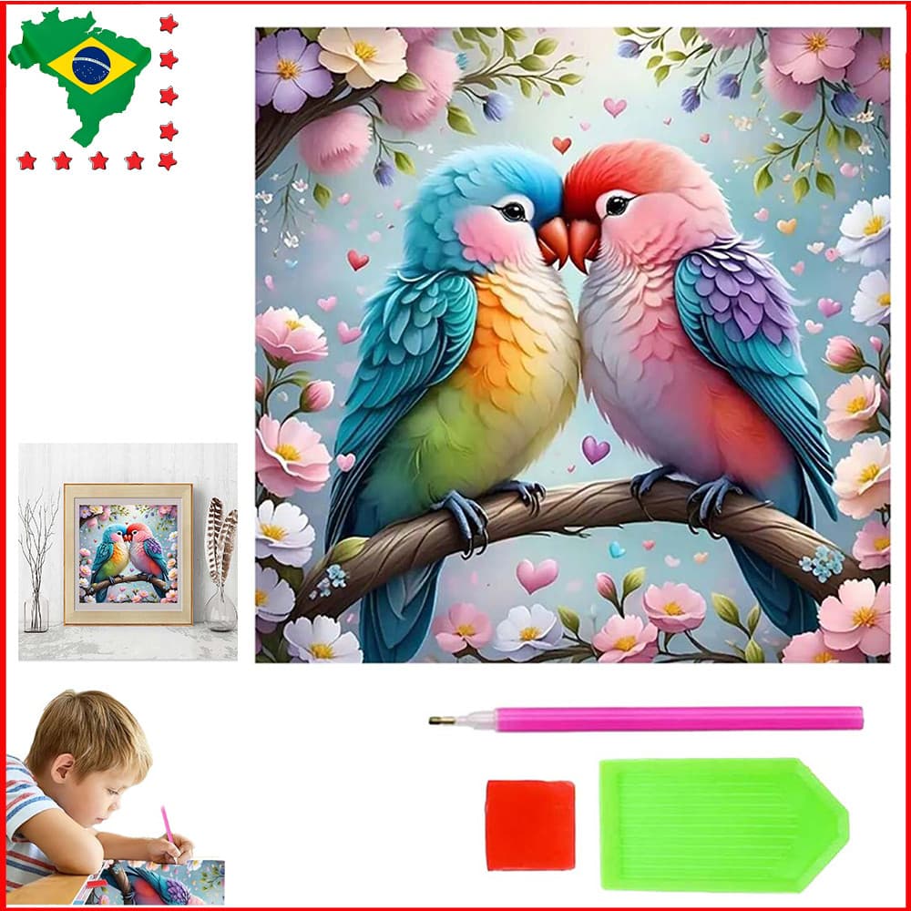 Pássaro colorido, arte com diamantes, pintura com diamantes, pintura com pedras preciosas 5D quadrada de artes, 30x30 cm