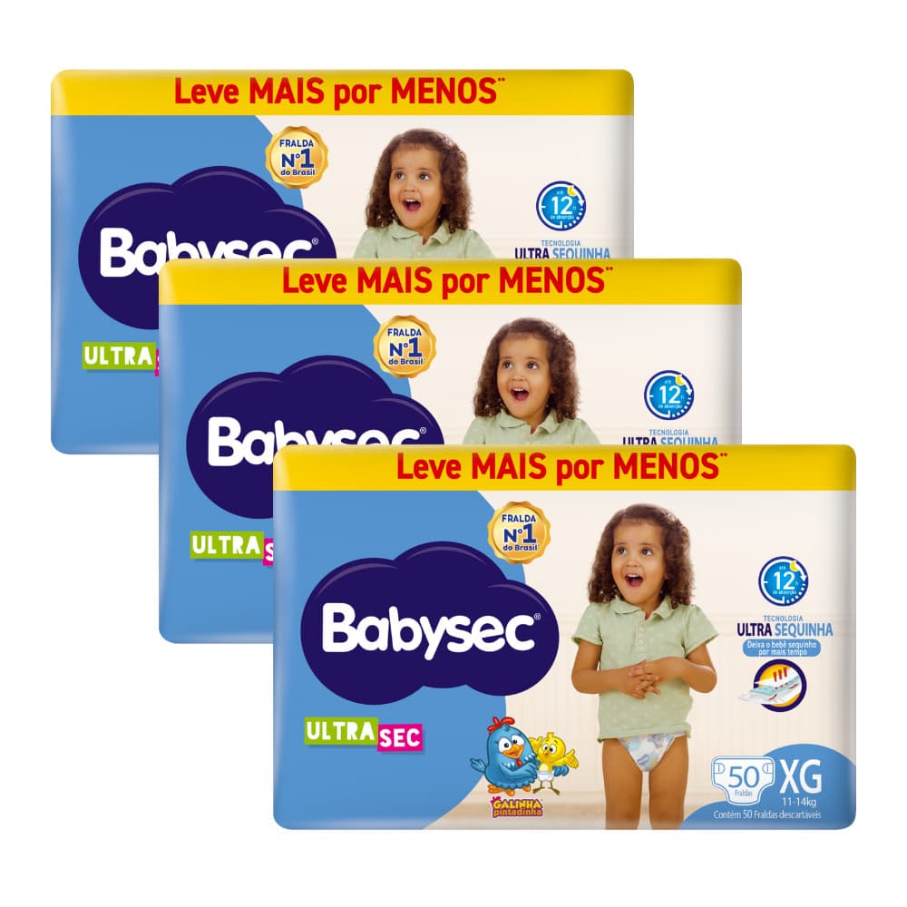 Kit 3x Fralda BabySec Hiper XG c/ 50 un- Economia Ultrasec Galinha Pintadinha Leve Mais Pague Menos
