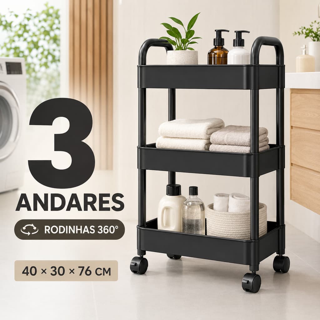 Carrinho Organizador 3 Andares com Rodinhas 360° 40x30x76cm | Estante Multiuso para Banheiro, Cozinha e Lavanderia