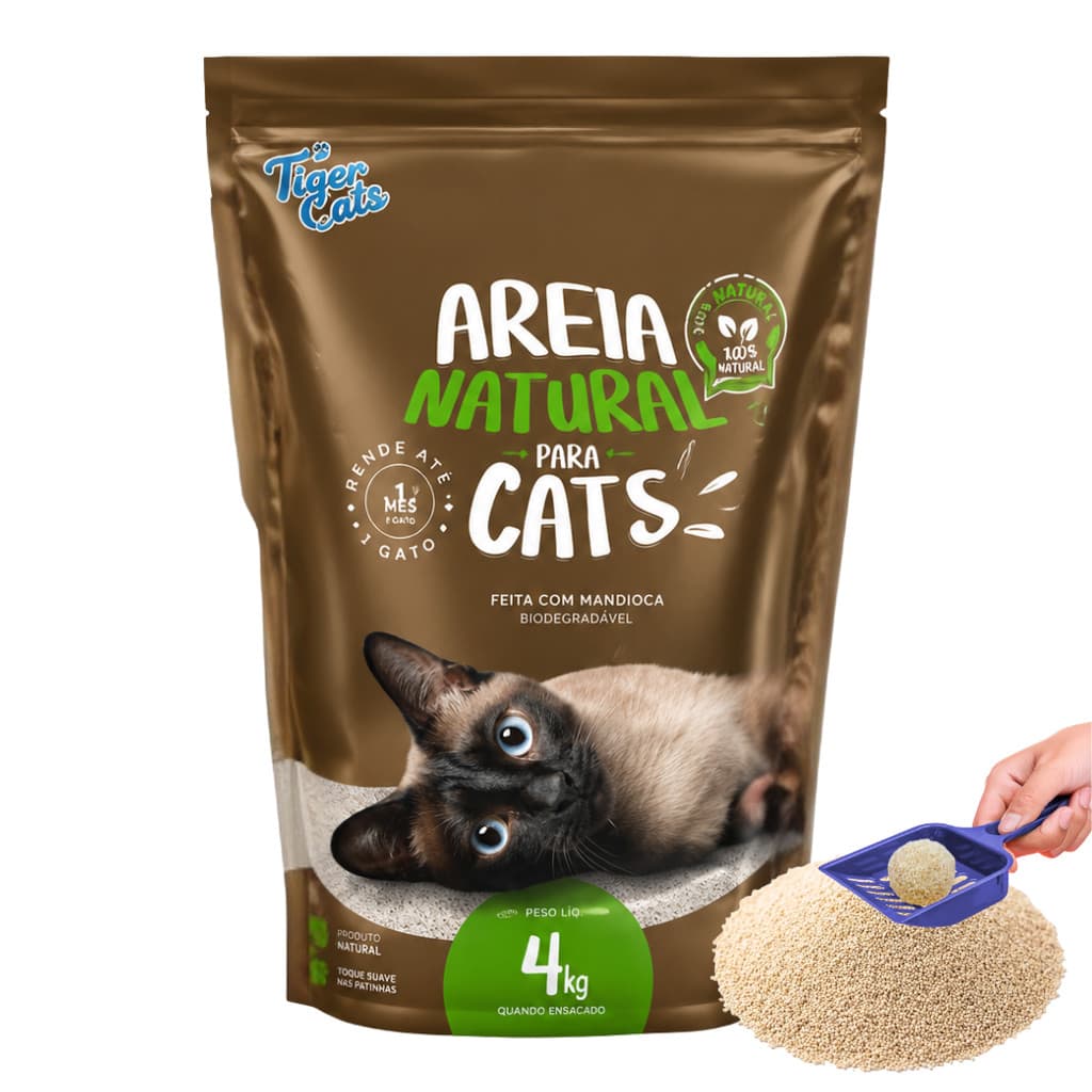 Areia Sanitária Higiênica para Gatos Natural 100% Mandioca Biodegradável Tiger Cats 4kg Natural