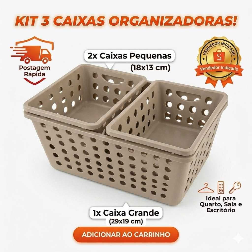 Kit 3 Cestos Organizadores Plástico Multiuso Caixa Organizadora Nicho Organizador Quarto Banheiro Cozinha Escritório