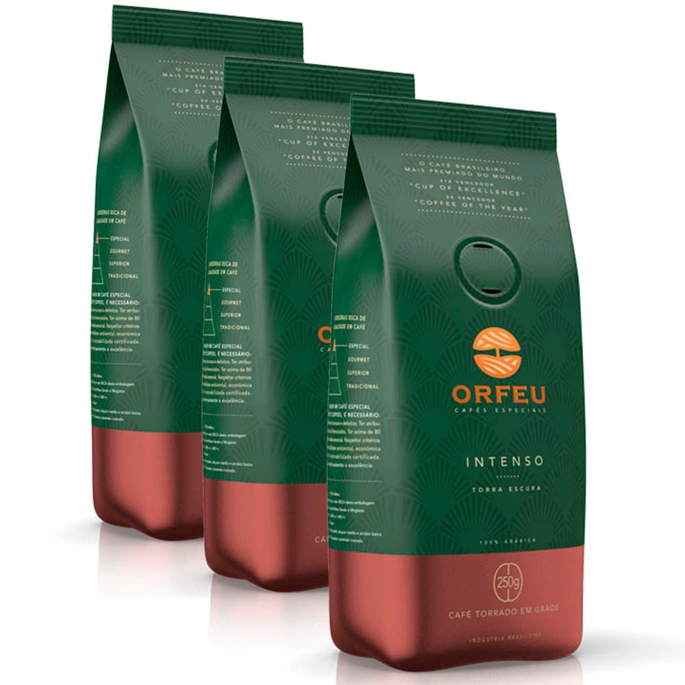 Café em Grãos Premium Orfeu Intenso Kit 3 Pacotes de 250g