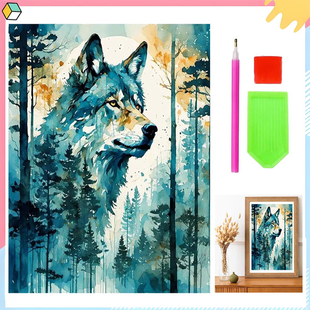Floresta e Lobo, 30 x 40 cm, Kit de Pintura Diamante 5D DIY para Adultos, Conjunto Completo de Arte Diamante Quadrada