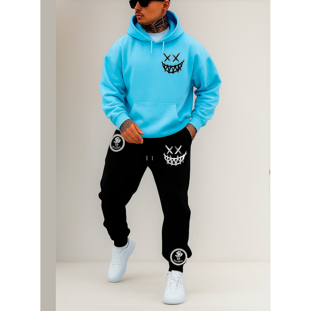 Conjunto Moletom Smiley Evil Estampa Blusa De Frio + Calça linha premium moleton canguru com bolso e capuz